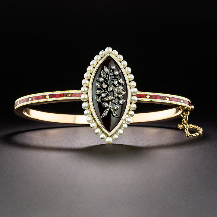 Victorian Enamel, Pearl and Diamond Bangle Bracelet