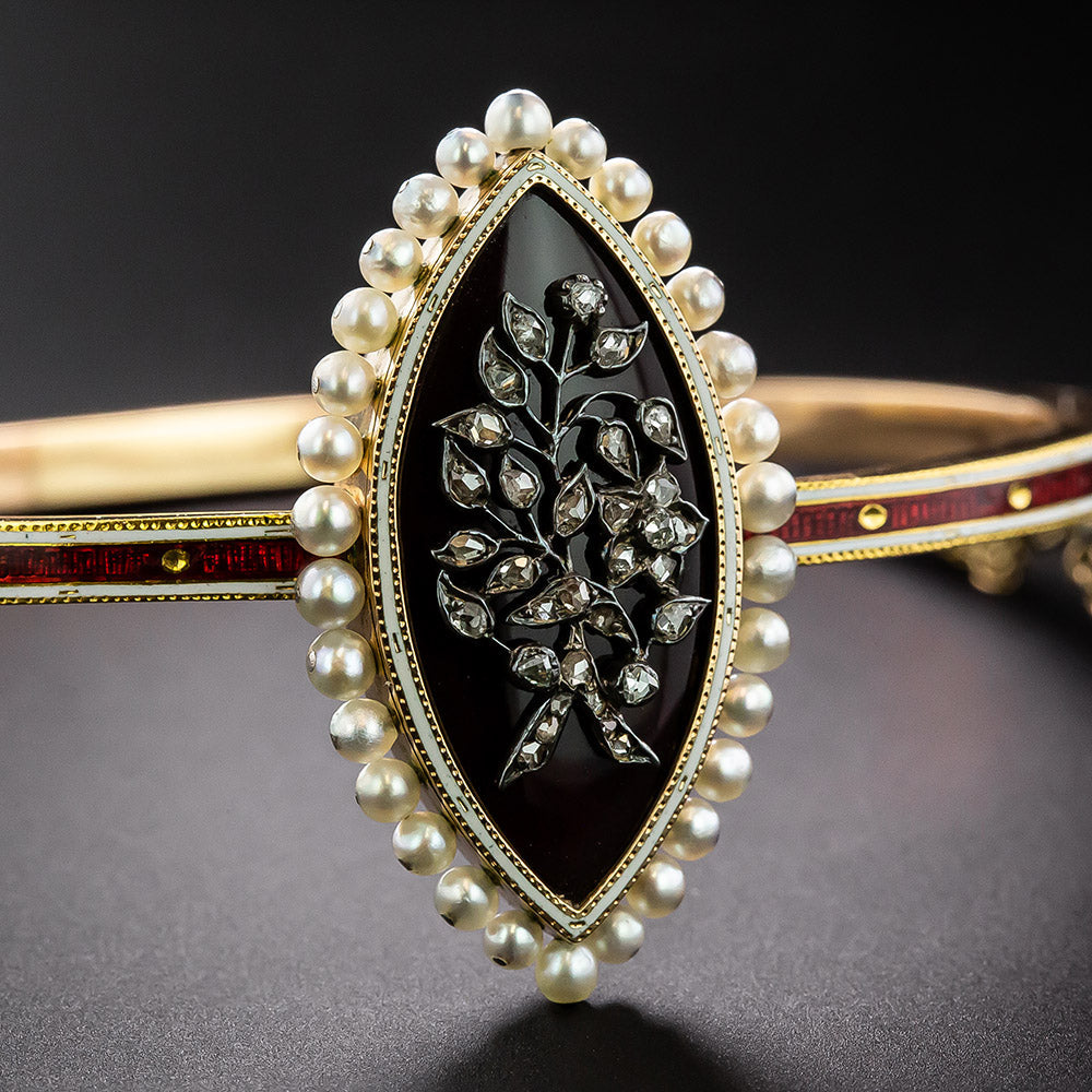Victorian Enamel, Pearl and Diamond Bangle Bracelet - 4