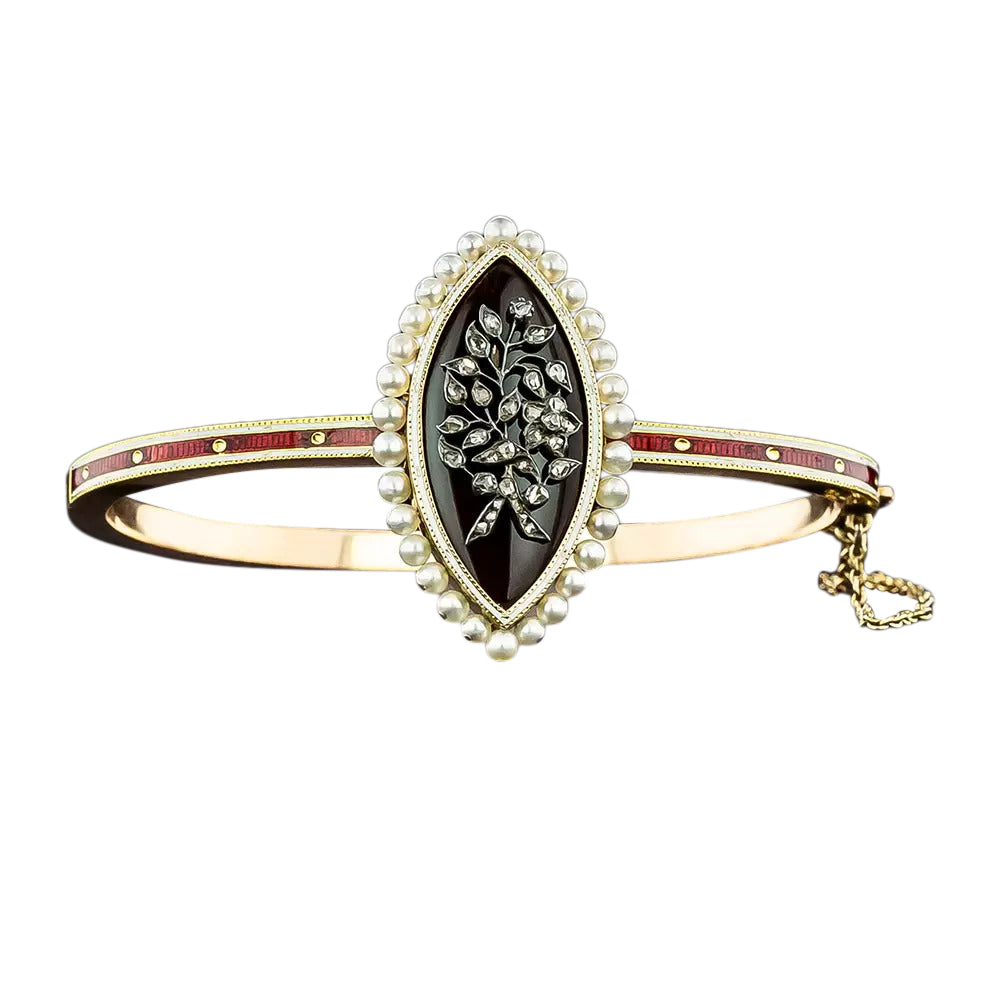 Victorian Enamel, Pearl and Diamond Bangle Bracelet - 4