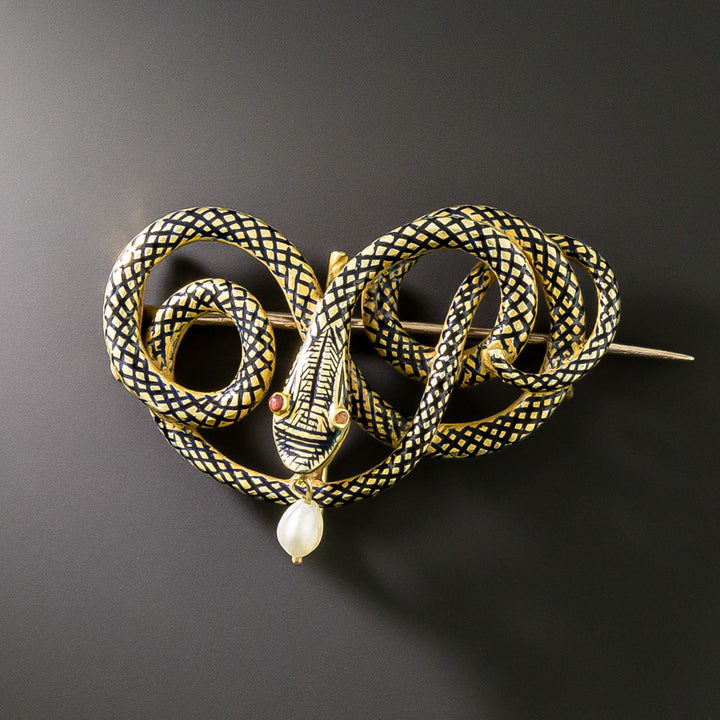 Victorian Enamel Snake and Pearl Brooch, Circa 1841