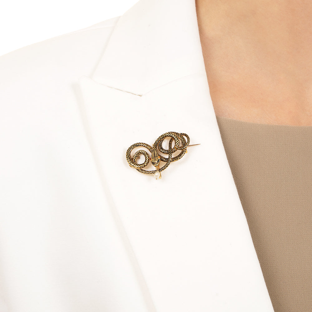 Victorian Enamel Snake and Pearl Brooch, Circa 1841  - 4