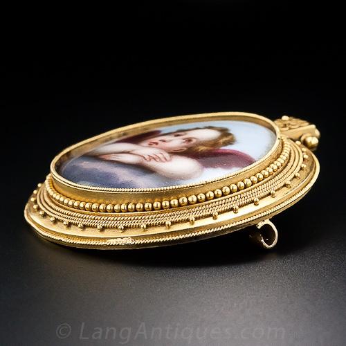 Victorian Enameled Angel Locket Brooch  - 2