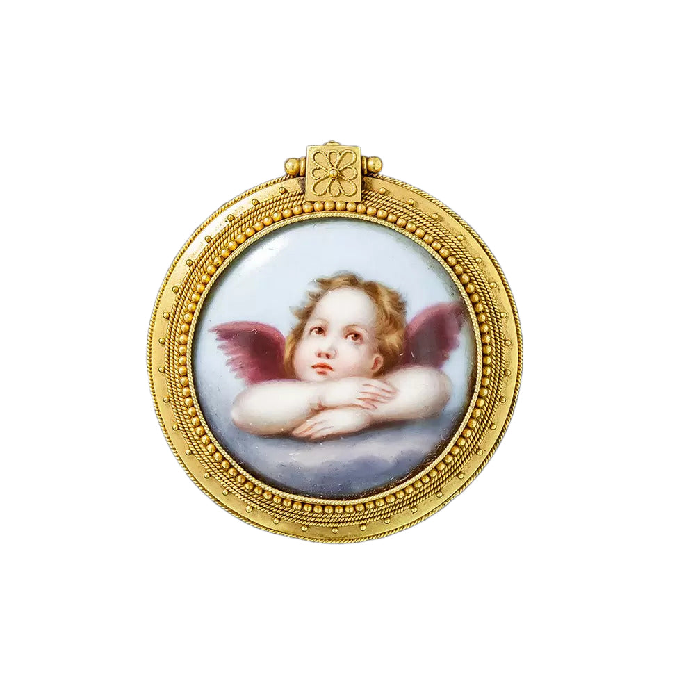 Victorian Enameled Angel Locket Brooch  - 4