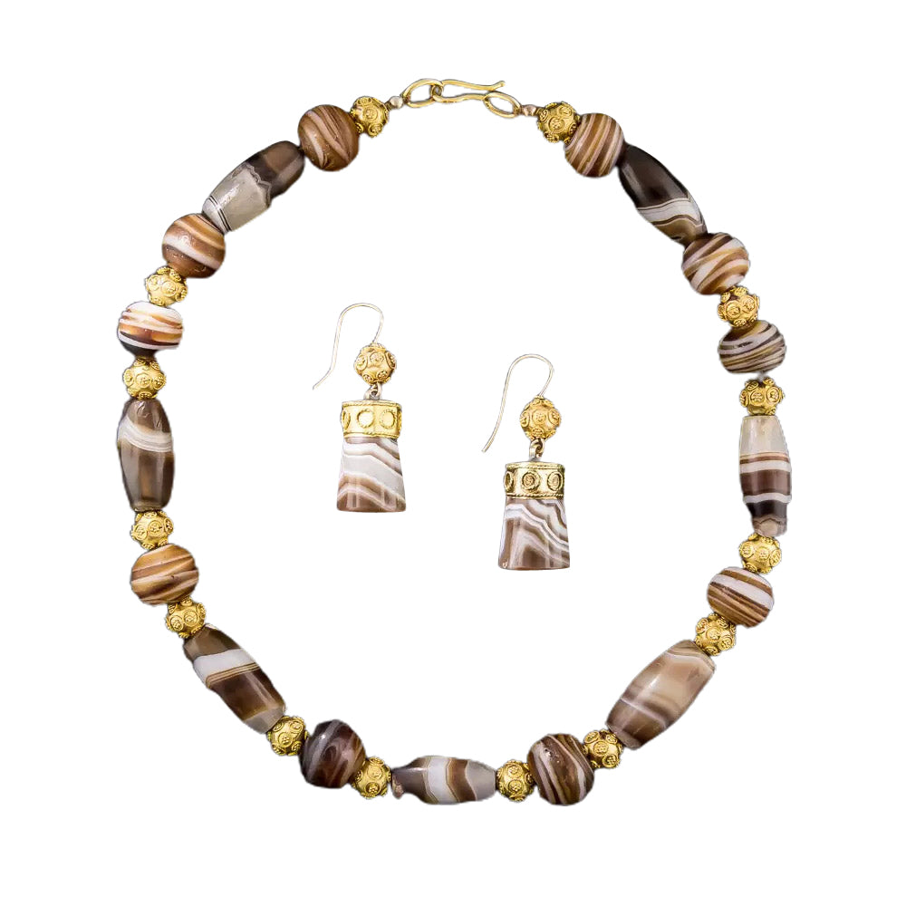Victorian Etruscan Revival Agate Bead Necklace and Earrings - 5