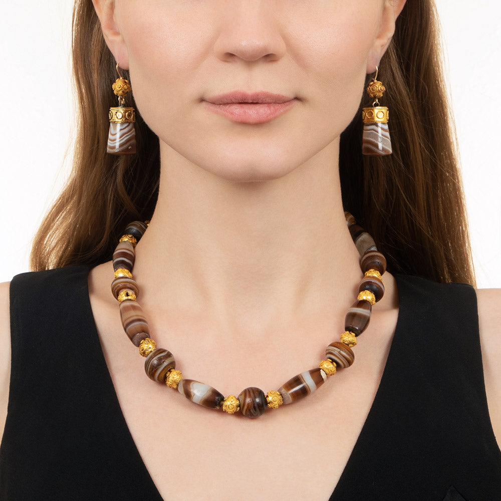 Victorian Etruscan Revival Agate Bead Necklace and Earrings - 5