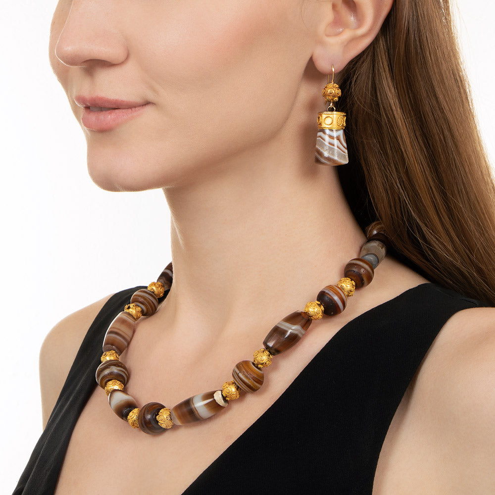 Victorian Etruscan Revival Agate Bead Necklace and Earrings - 6