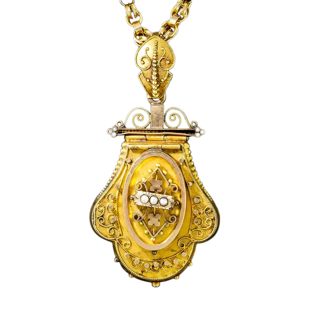 Victorian Etruscan Revival and Seed Pearl Locket - 6