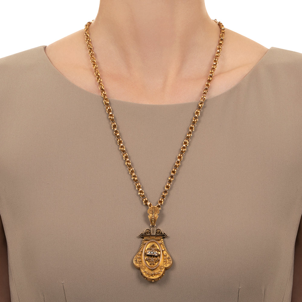 Victorian Etruscan Revival and Seed Pearl Locket - 7