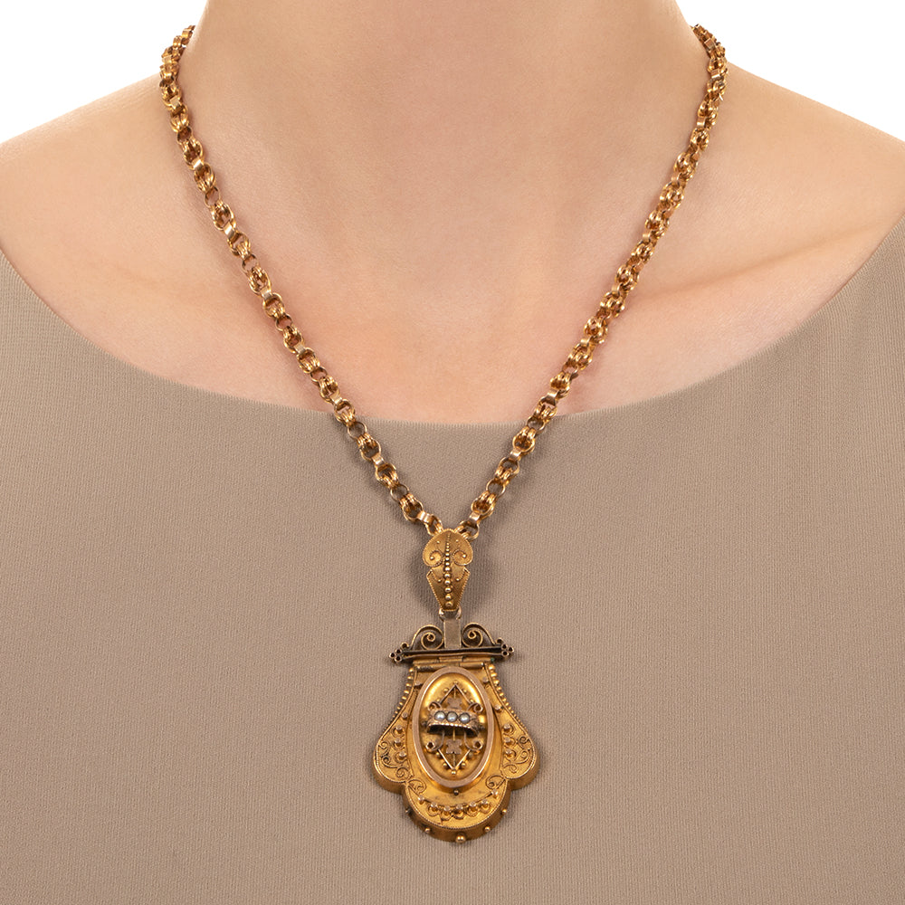Victorian Etruscan Revival and Seed Pearl Locket - 8