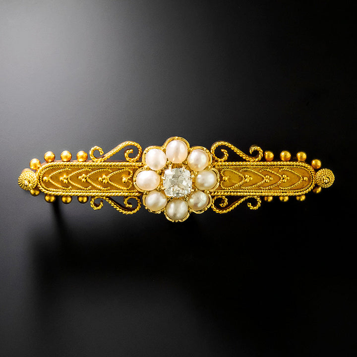 Victorian Etruscan Revival Diamond and Natural Pearl Bar Brooch