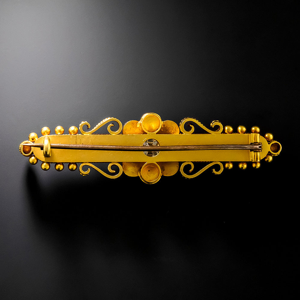 Victorian Etruscan Revival Diamond and Natural Pearl Bar Brooch - 3