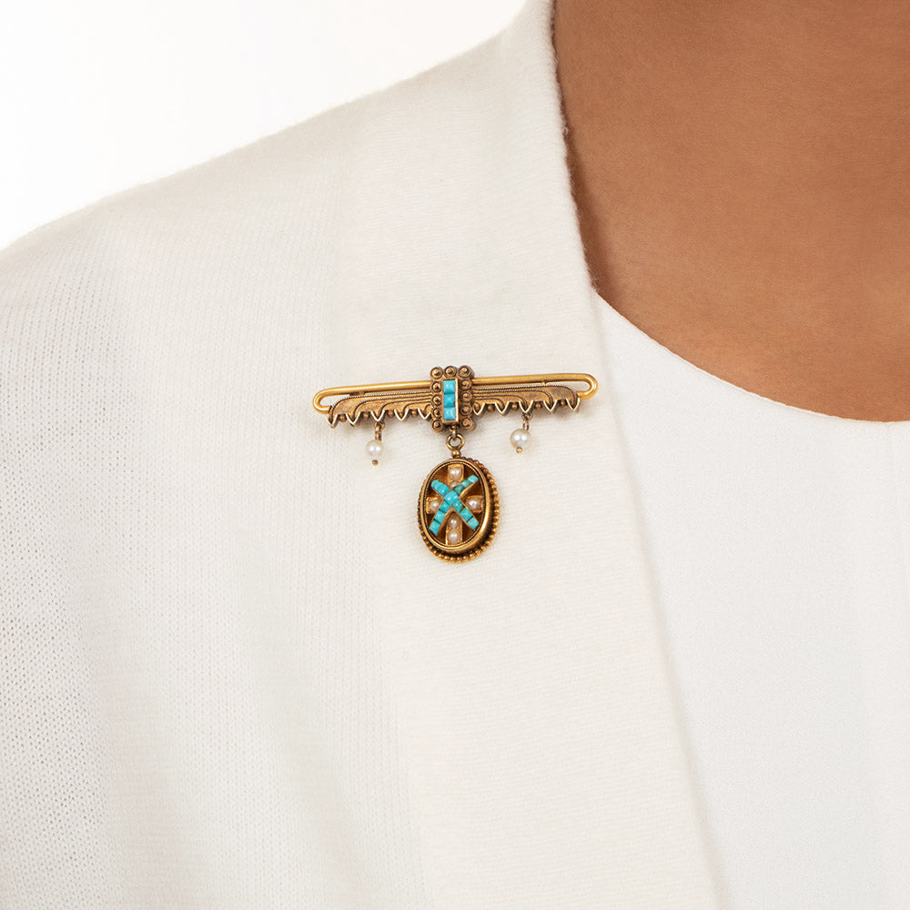 Victorian Etruscan Revival Turquoise and Pearl Brooch/Pendant - 3