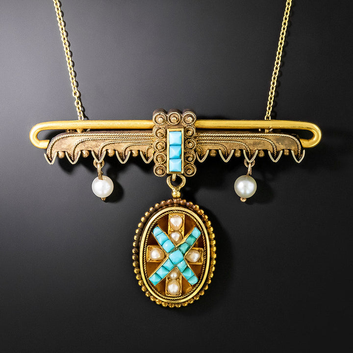 Victorian Etruscan Revival Turquoise and Pearl Brooch/Pendant