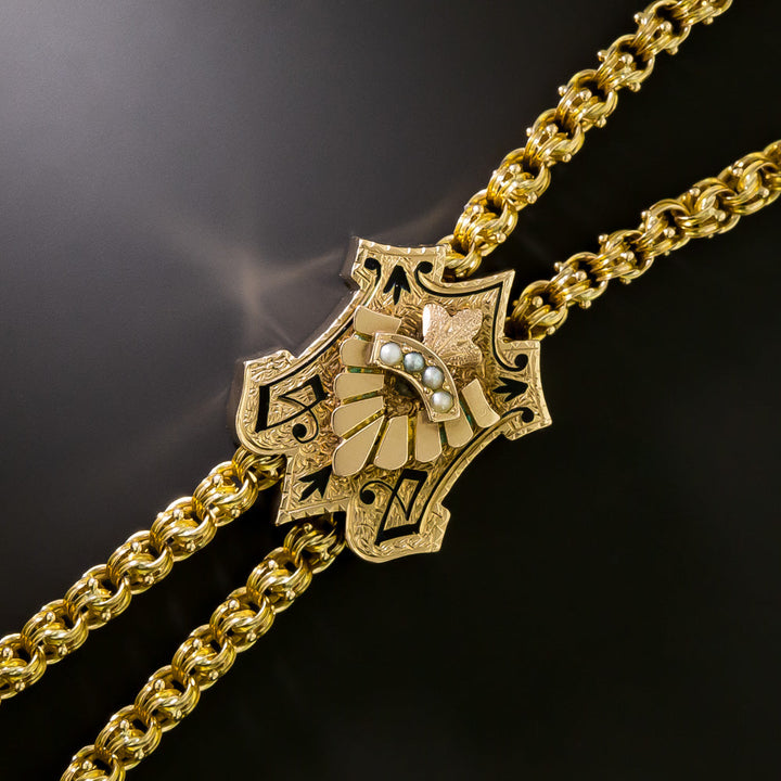 Victorian Fancy Link Chain with Pearl and Enamel Slide, 62 Inches