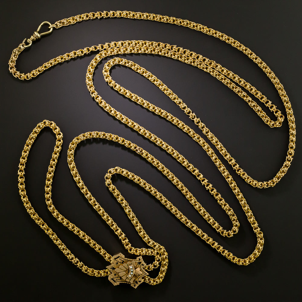 Victorian Fancy Link Chain with Pearl and Enamel Slide, 62 Inches - 3