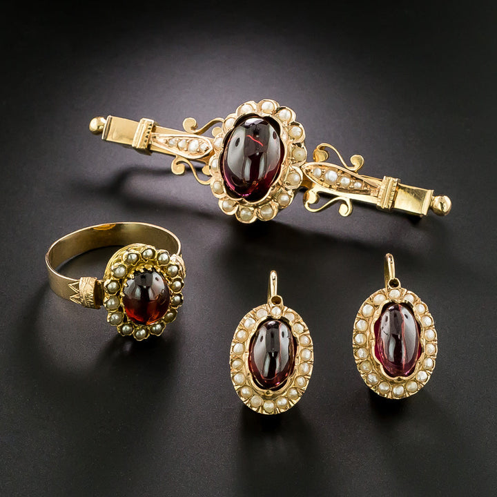 Victorian Garnet Earrings, Brooch and Ring Suite