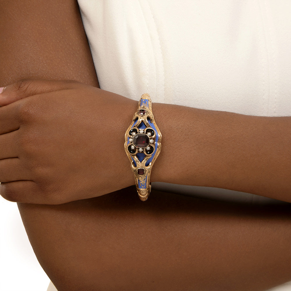 Victorian Garnet, Natural Pearl and Enamel Bangle Bracelet - 5