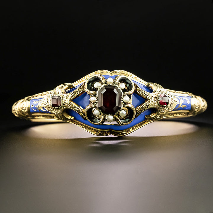 Victorian Garnet, Natural Pearl and Enamel Bangle Bracelet