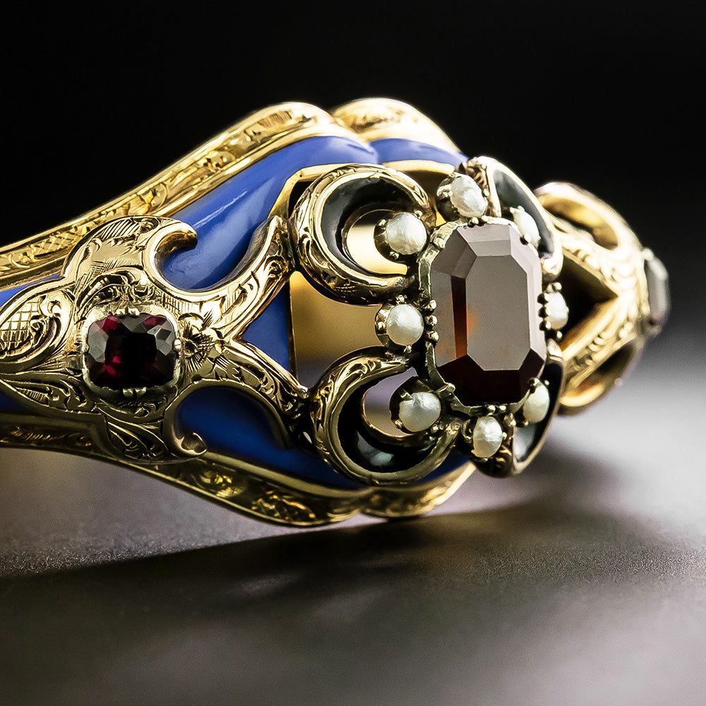 Victorian Garnet, Natural Pearl and Enamel Bangle Bracelet - 4