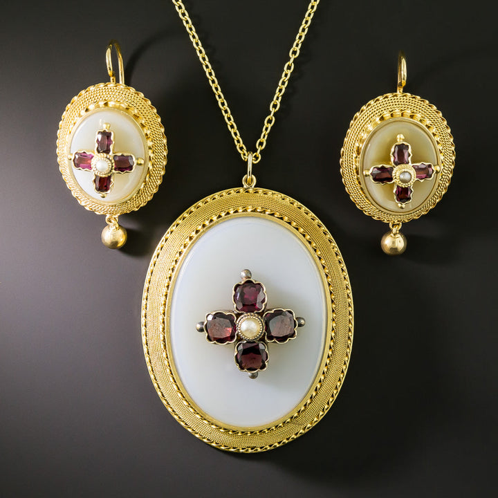 Victorian Garnet, Pearl and Chalcedony Necklace and Earring Set
