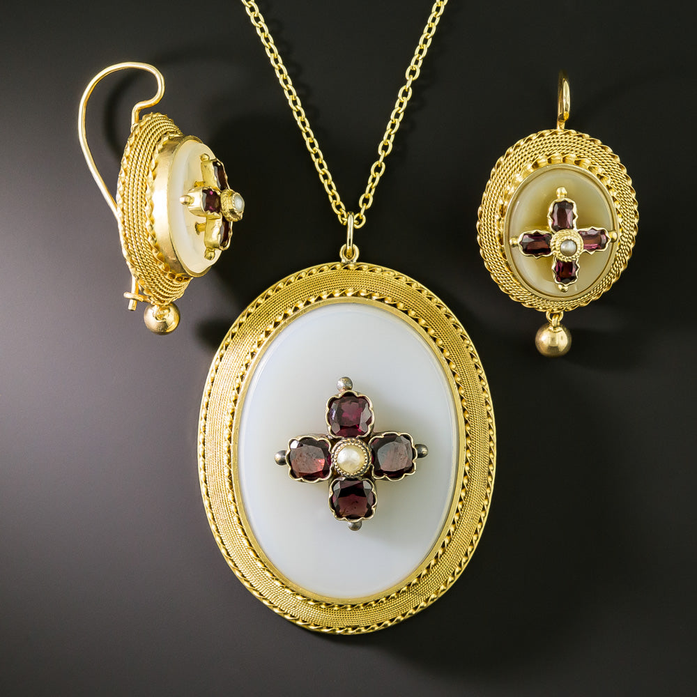 Victorian Garnet, Pearl and Chalcedony Necklace and Earring Set - 3