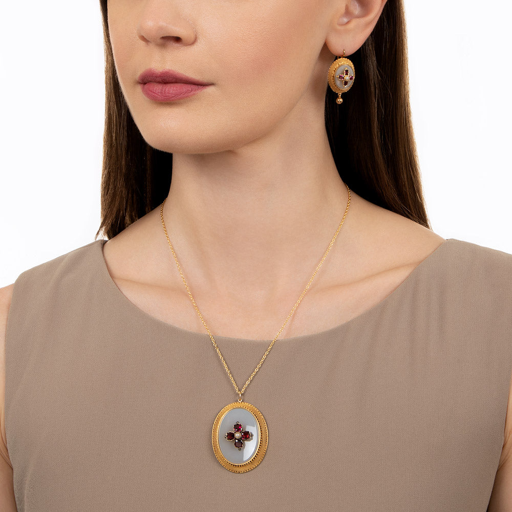 Victorian Garnet, Pearl and Chalcedony Necklace and Earring Set - 4