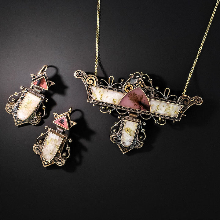 Victorian Gold-in-Quartz Earrings and Matching Necklace/Brooch