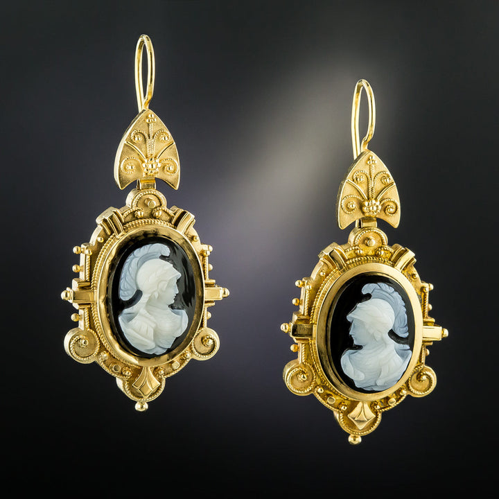 Victorian Hard Stone Cameo Drop Earrings