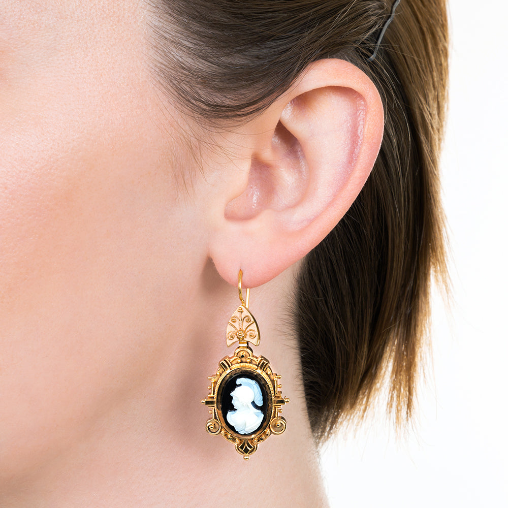 Victorian Hard Stone Cameo Drop Earrings - 5