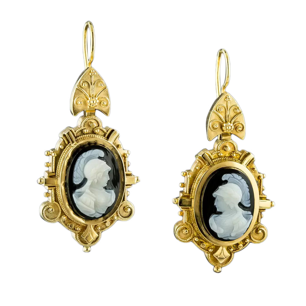 Victorian Hard Stone Cameo Drop Earrings - 3