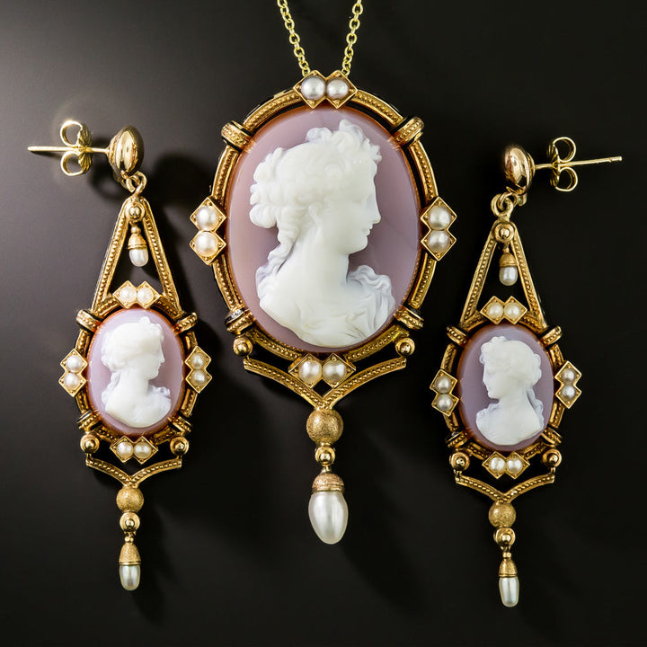 Victorian Hardstone Cameo and Natural Pearl Pendant/Brooch and Earring Set