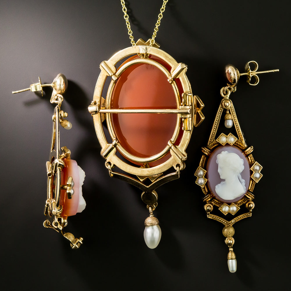 Victorian Hardstone Cameo and Natural Pearl Pendant/Brooch and Earring Set - 3