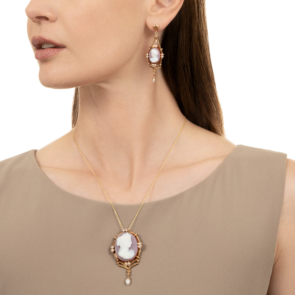 Victorian Hardstone Cameo and Natural Pearl Pendant/Brooch and Earring Set - 4