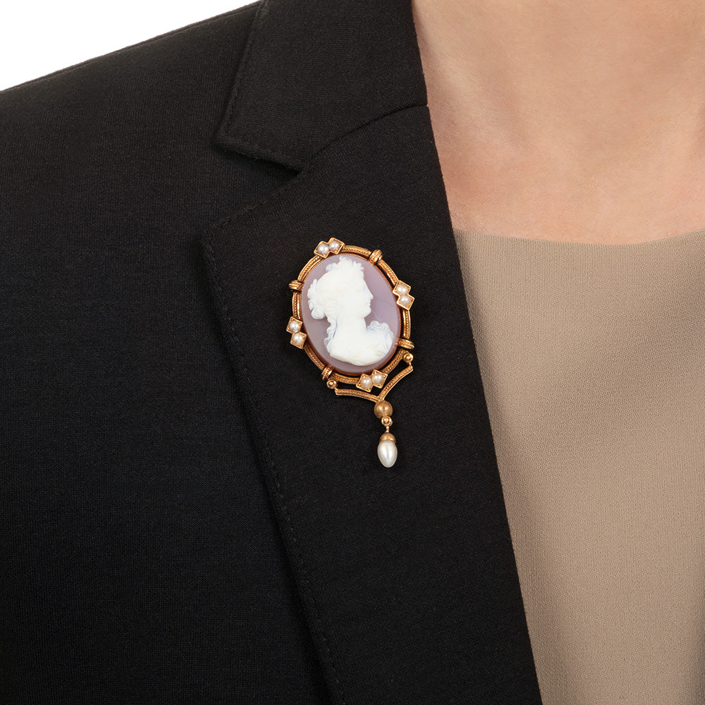 Victorian Hardstone Cameo and Natural Pearl Pendant/Brooch and Earring Set - 6