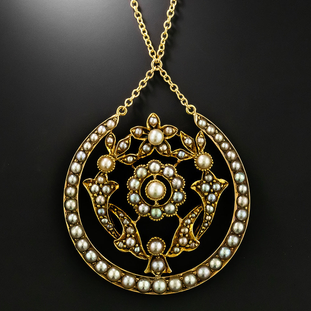 Victorian Horseshoe and Flower Natural Pearl Necklace - 3