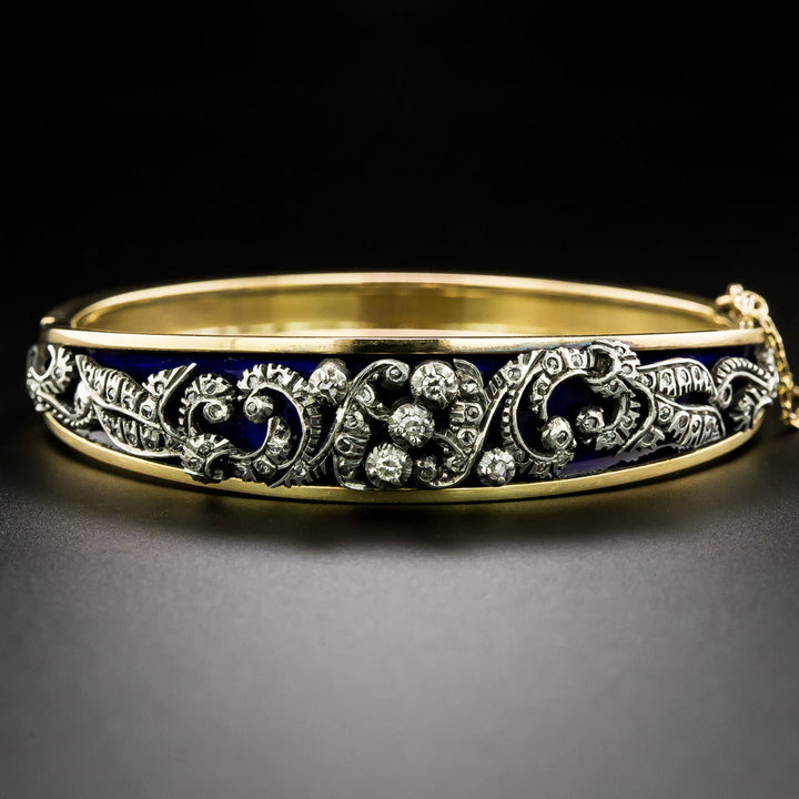 Victorian-Inspired Blue Enamel and Diamond Bangle Bracelet, Portugal