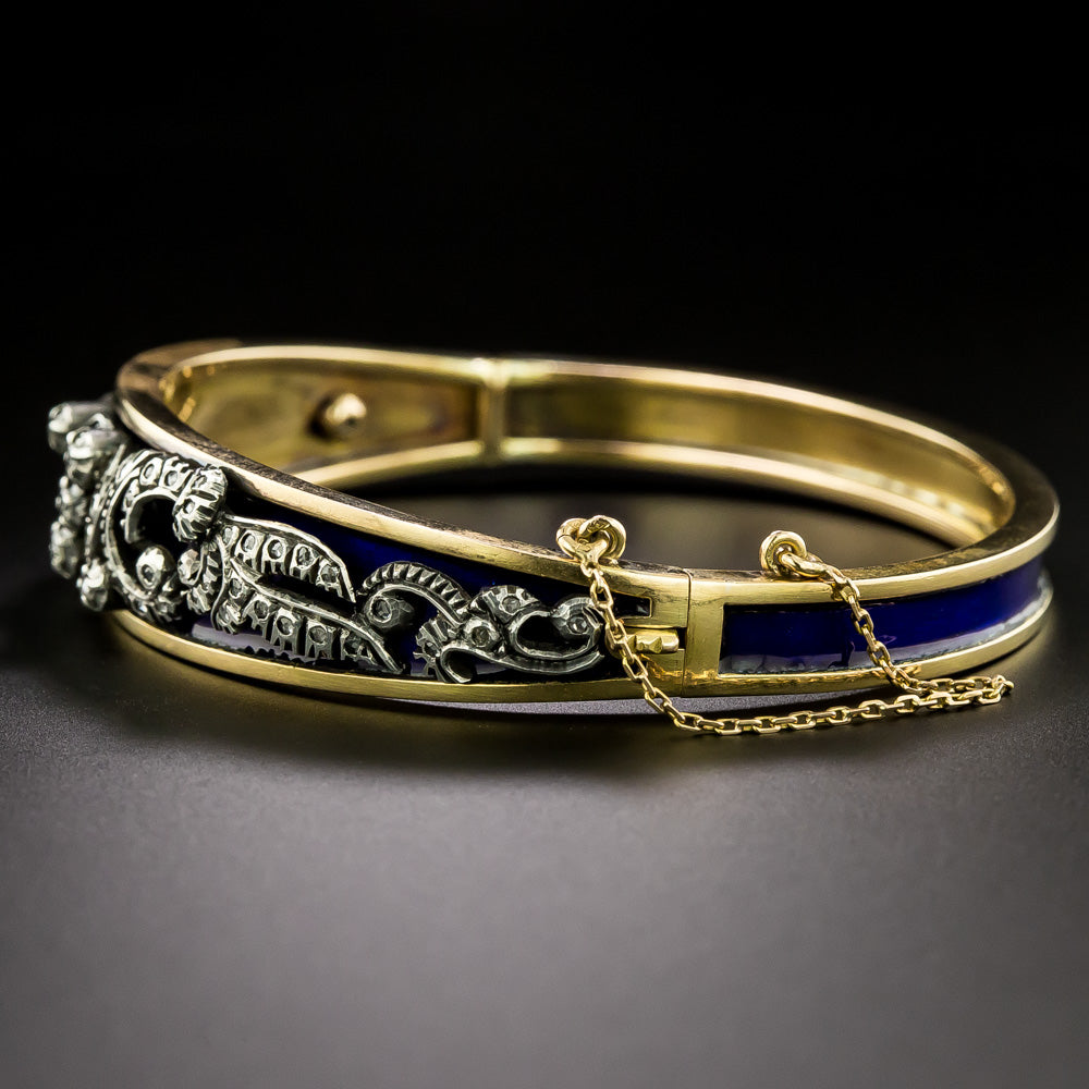 Victorian-Inspired Blue Enamel and Diamond Bangle Bracelet, Portugal - 3