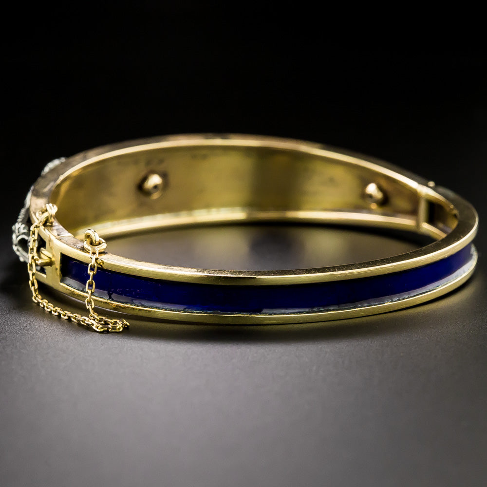 Victorian-Inspired Blue Enamel and Diamond Bangle Bracelet, Portugal - 4