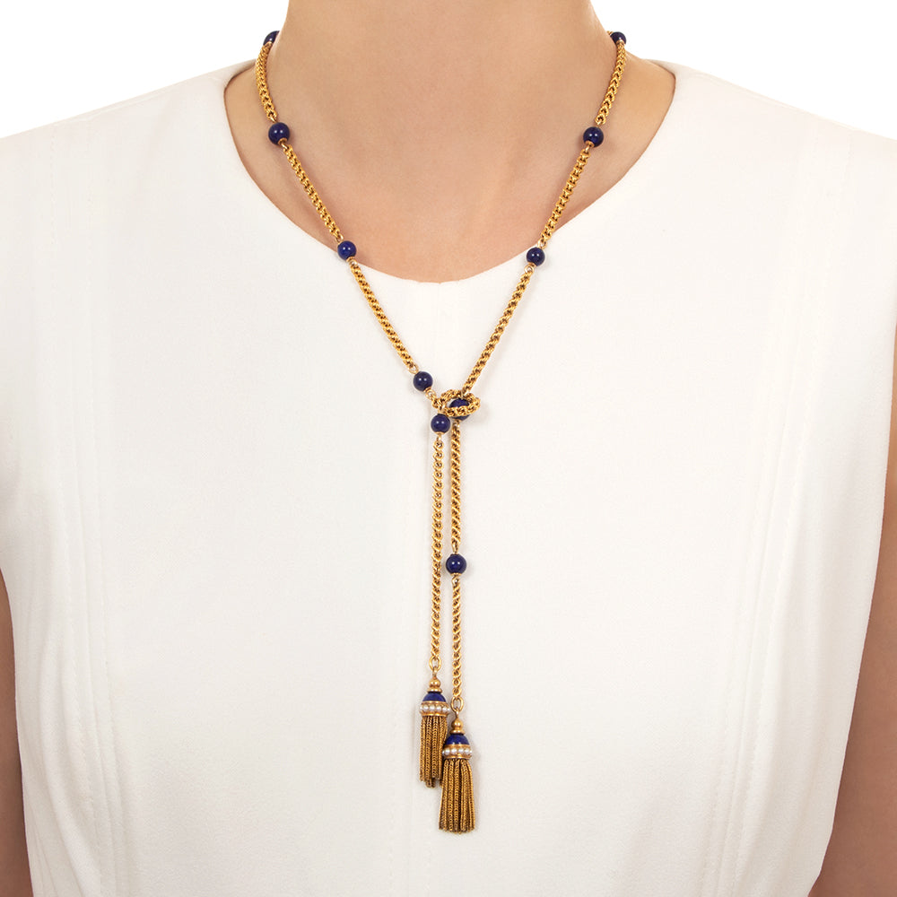Victorian Lapis Lazuli and Pearl  Lariat with Tassels - 3