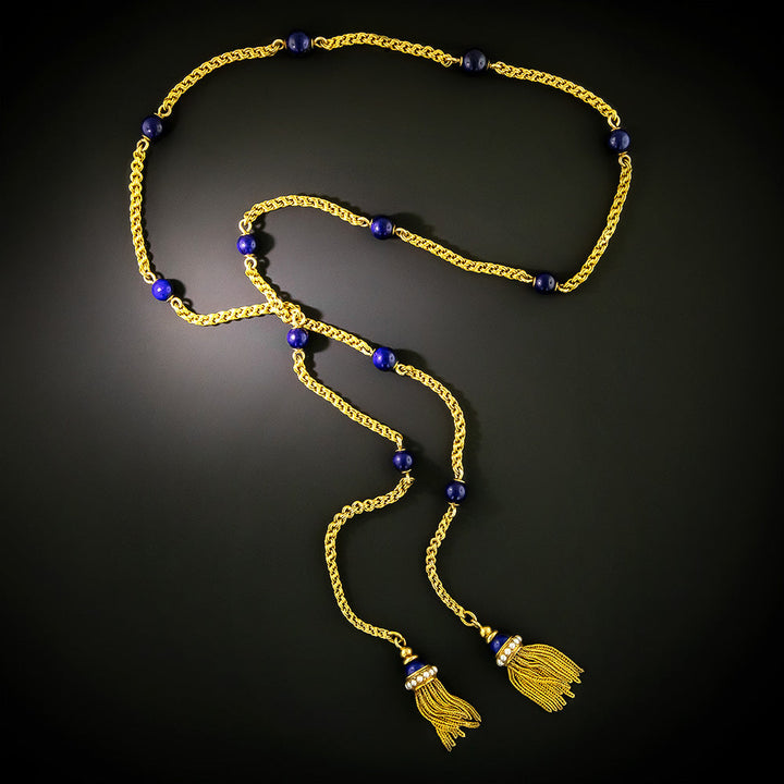 Victorian Lapis Lazuli and Pearl  Lariat with Tassels