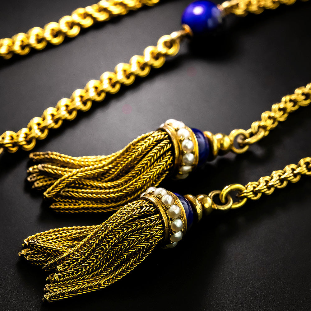 Victorian Lapis Lazuli and Pearl  Lariat with Tassels - 3