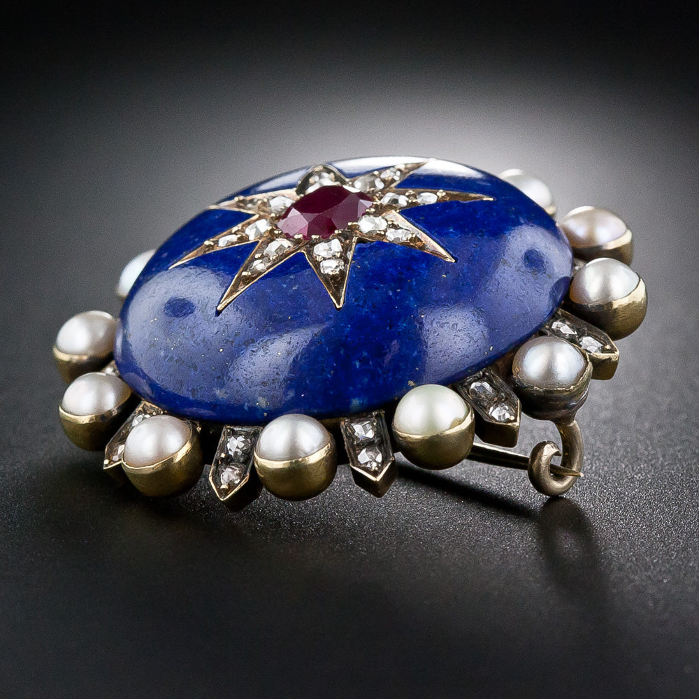 Victorian Lapis, Ruby, Pearl and Diamond Brooch/Pendant - 3