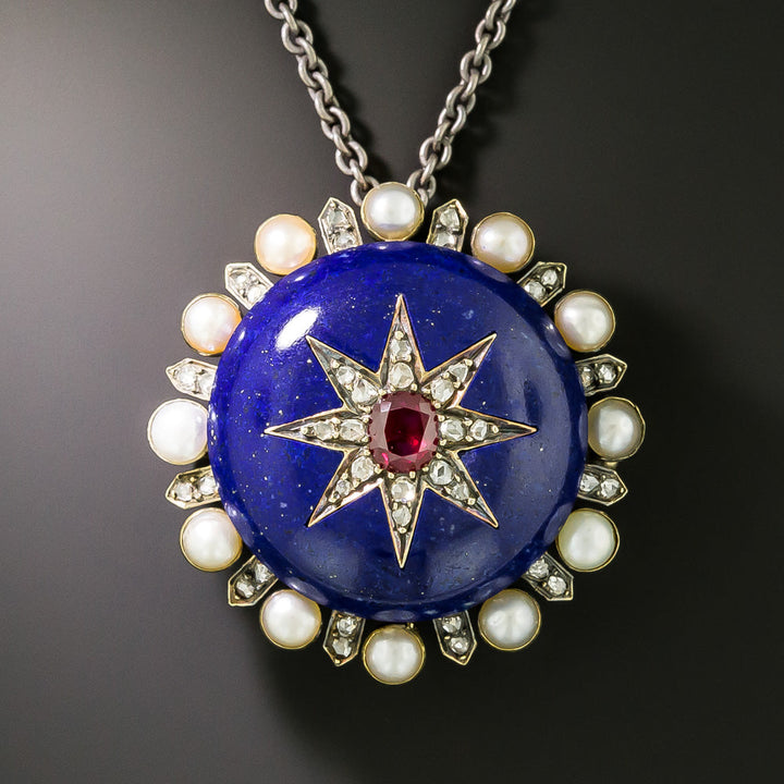 Victorian Lapis, Ruby, Pearl and Diamond Brooch/Pendant