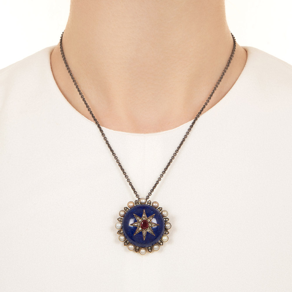 Victorian Lapis, Ruby, Pearl and Diamond Brooch/Pendant - 6