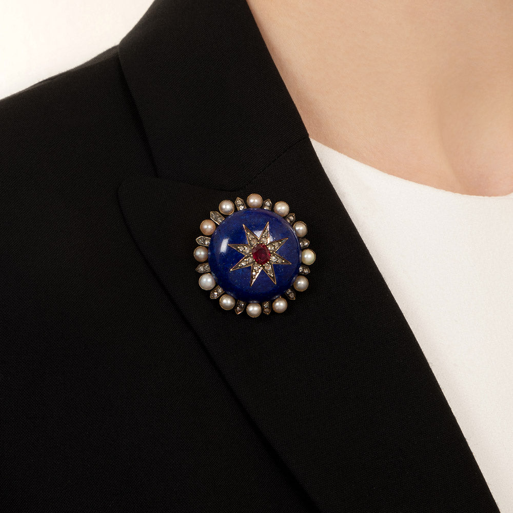 Victorian Lapis, Ruby, Pearl and Diamond Brooch/Pendant - 7