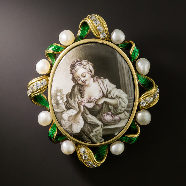 Victorian Limoge Enamel, Diamond and Pearl Ribbon Brooch