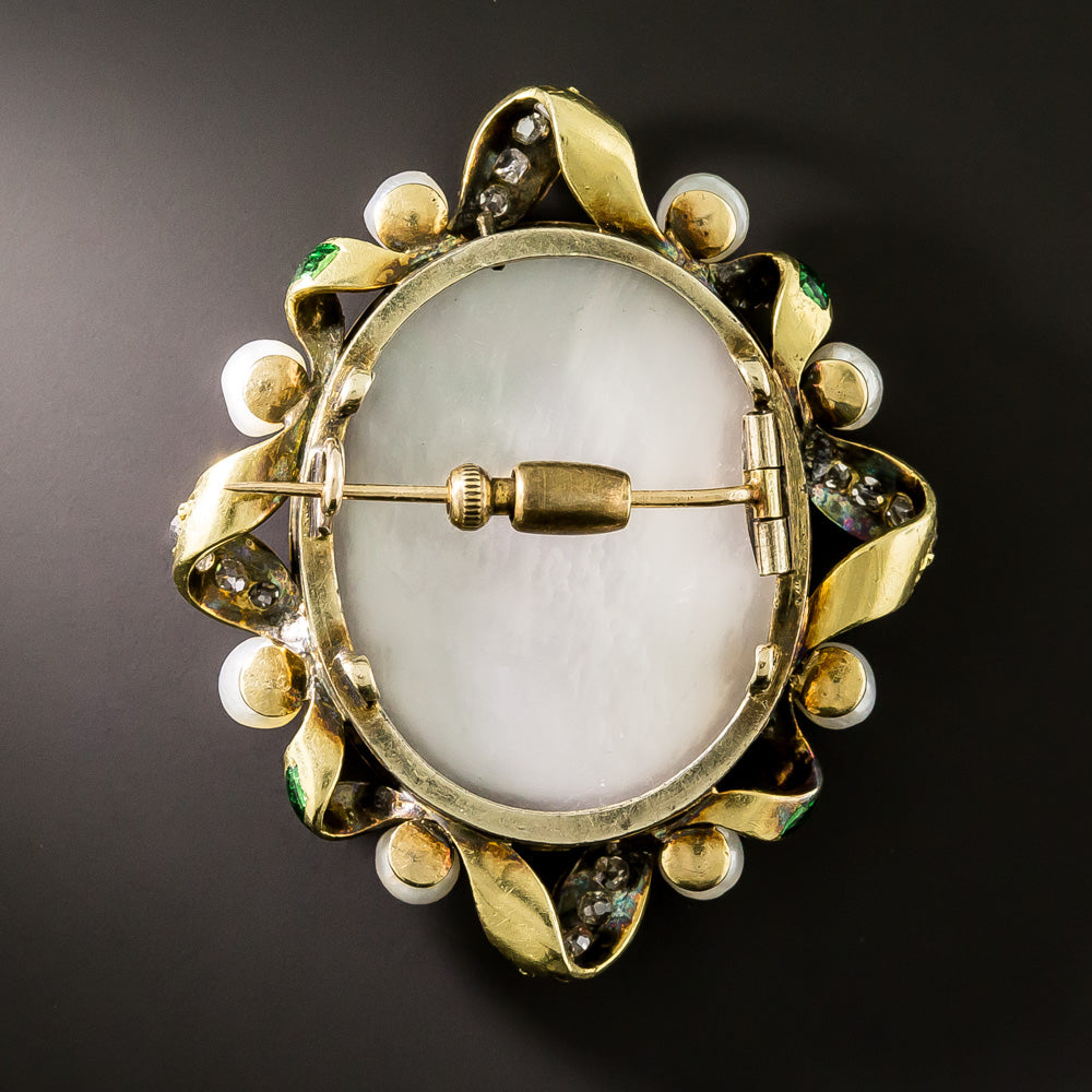 Victorian Limoge Enamel, Diamond and Pearl Ribbon Brooch - 3