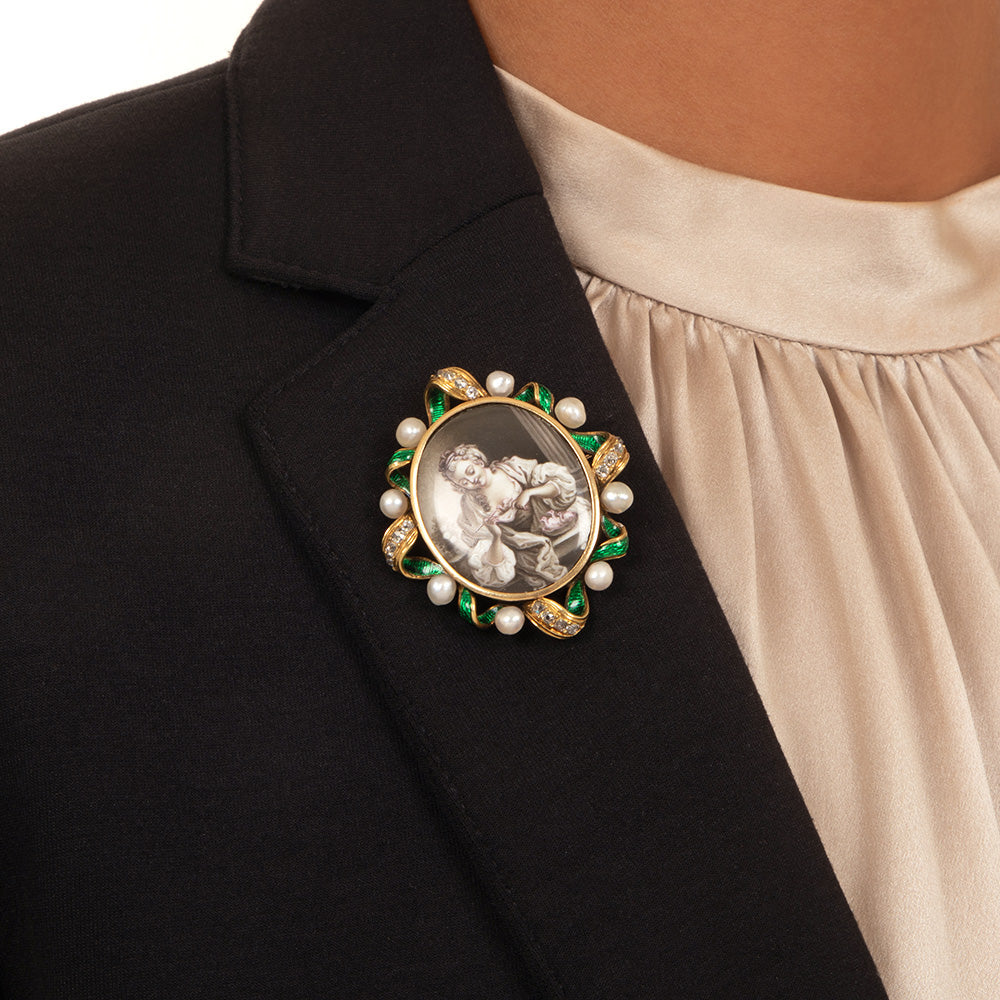Victorian Limoge Enamel, Diamond and Pearl Ribbon Brooch - 4