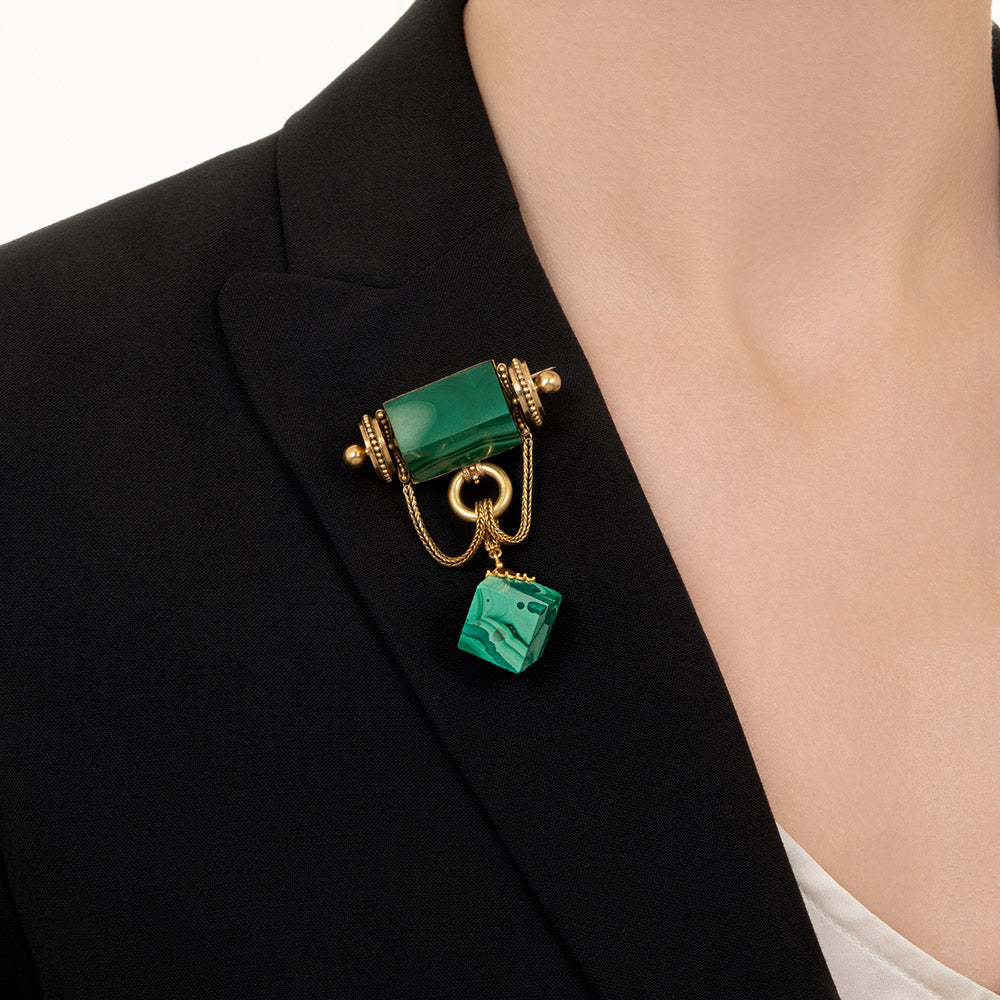 Victorian Malachite Cube and Rectangle Brooch - 3