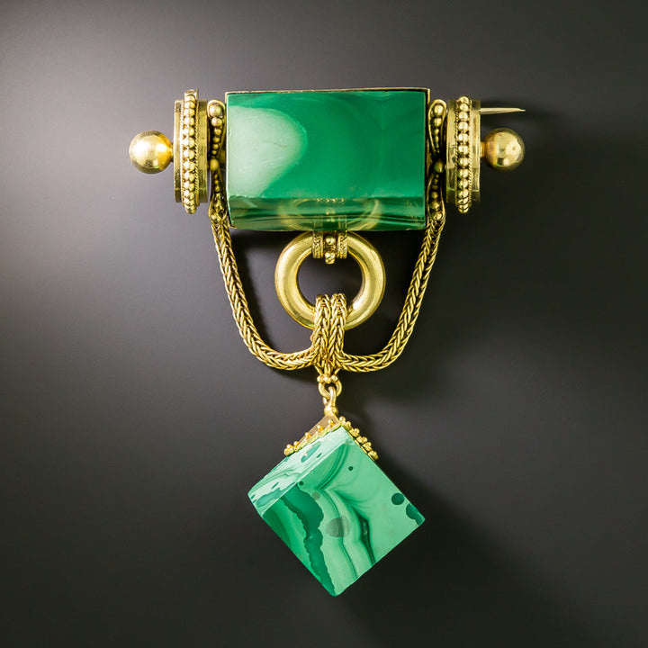 Victorian Malachite Cube and Rectangle Brooch